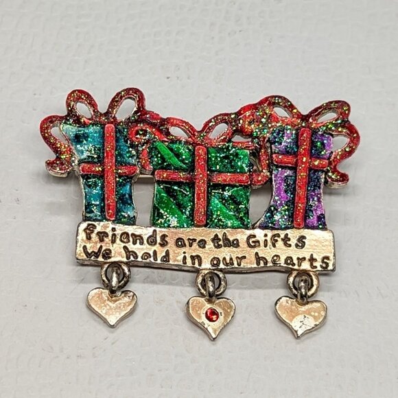 AJMC Jewelry - Vintage AJMC Friends Are The Gifts Pin Brooch W/ Heart Charms Goldtone Multicolo